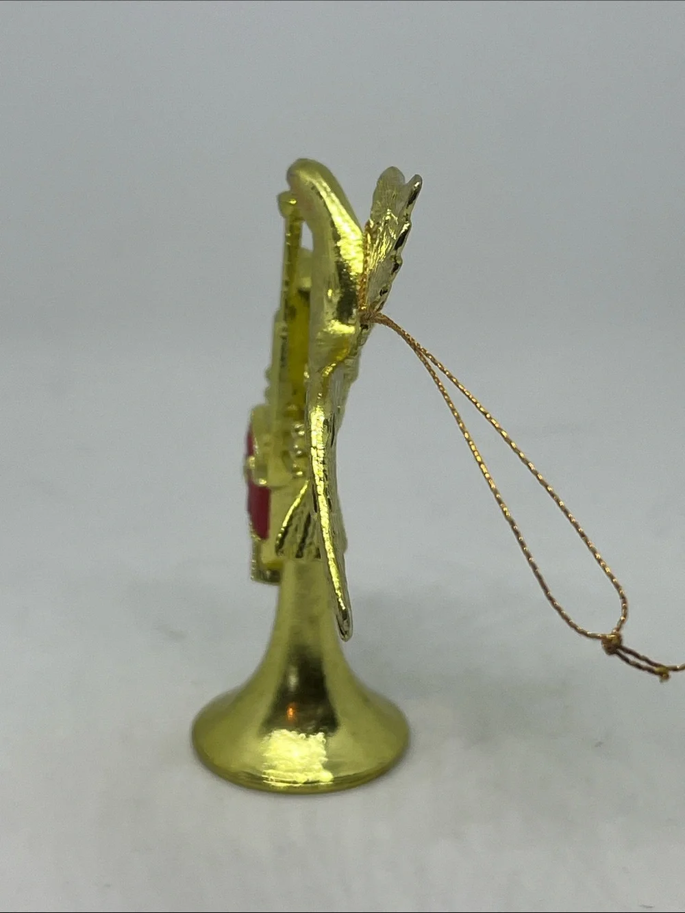 Vintage Gold Flying Dove with Trumpet Holiday Ornament with Red Bow
